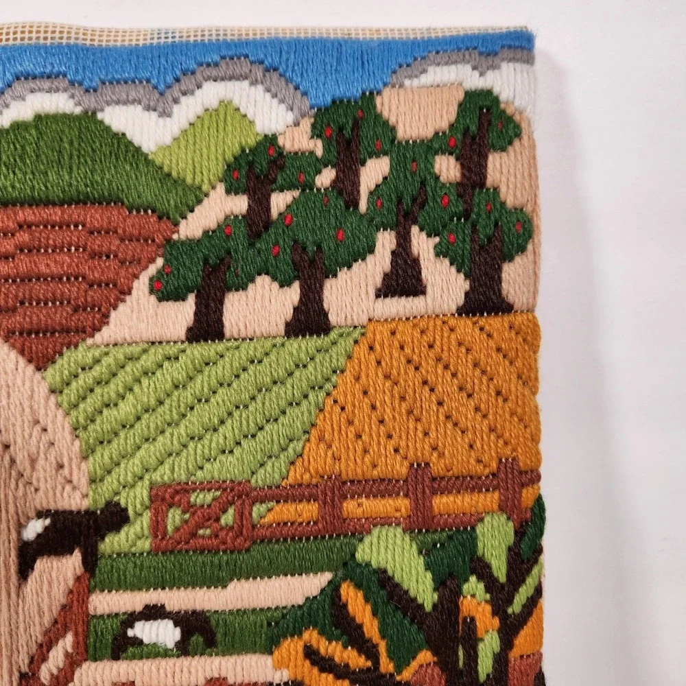 UNBRANDED Vintage 1980s Crewel Embroidery Farm At Harvest Unframed 11